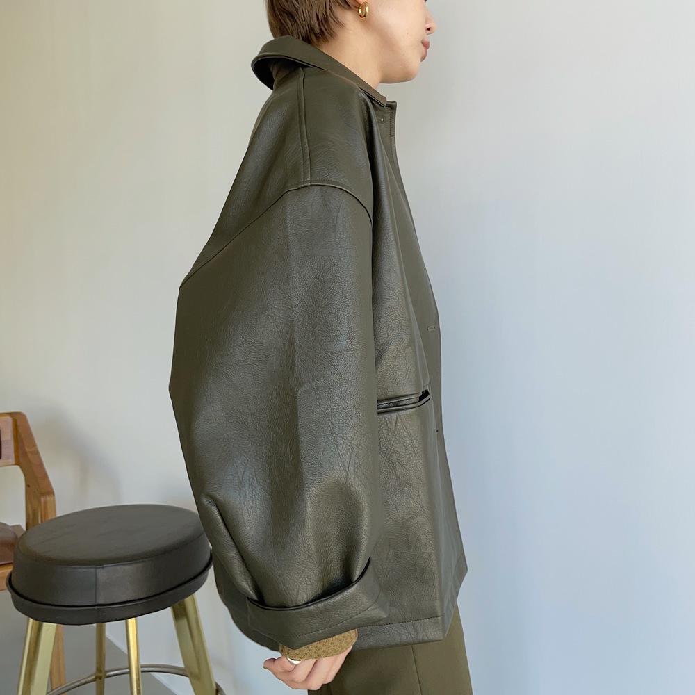 【nokcha original】eco leather over jacket/deep khaki